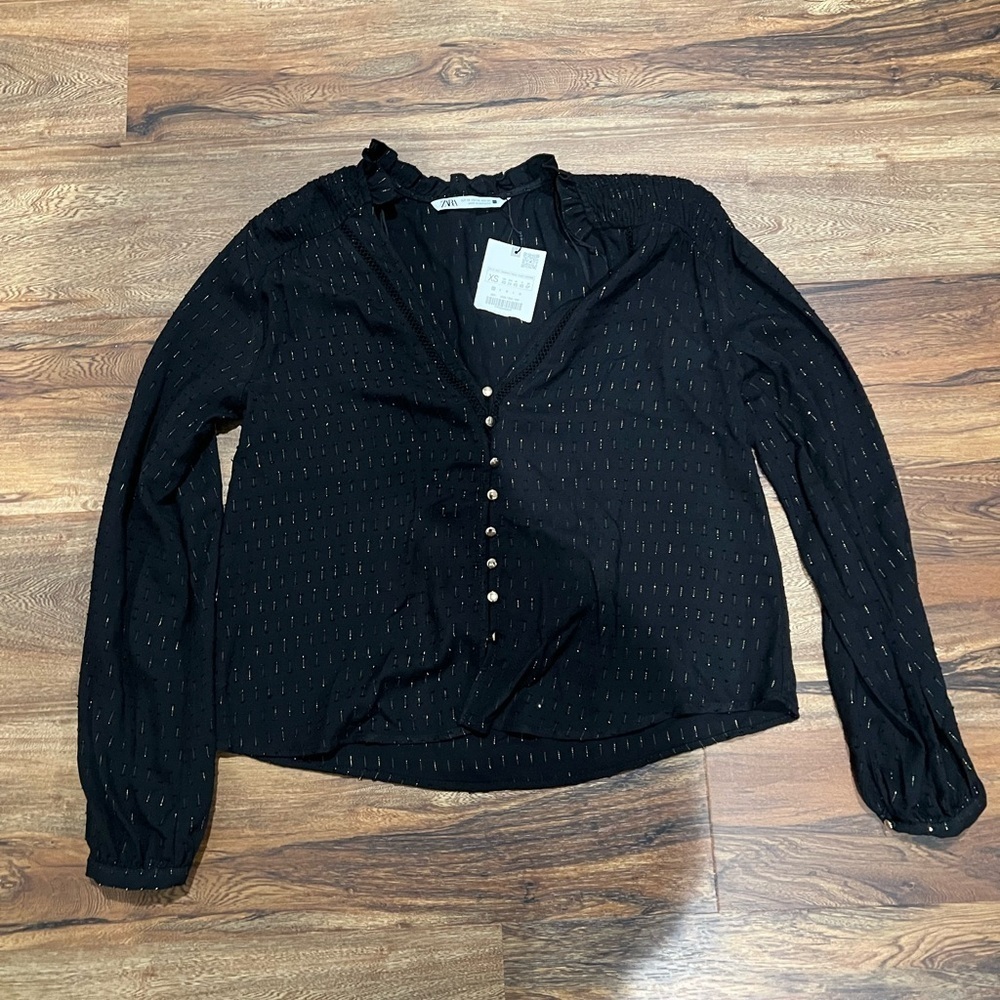 Zara Black Blouse with Gold Accents Long Sleeve Beautiful Details